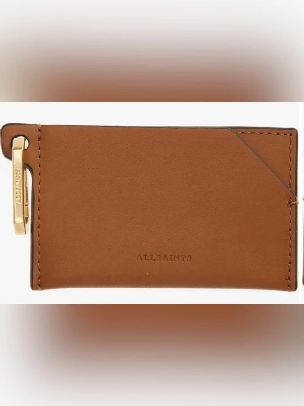All Saints Sepia Brown Tan Hex Leather Cardholder with Gold Key Clip NWOT